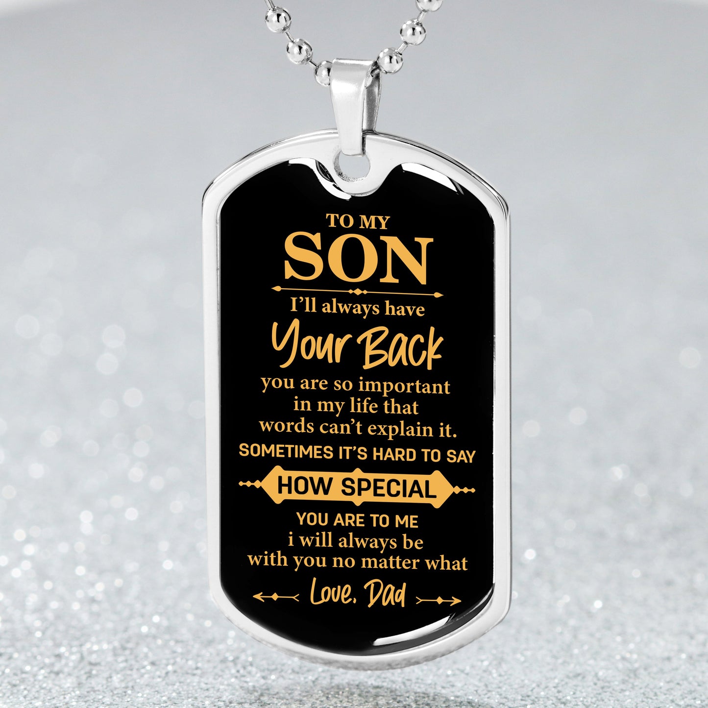 I'll Always Have Your Back, Black and Gold Dog Tag Necklace