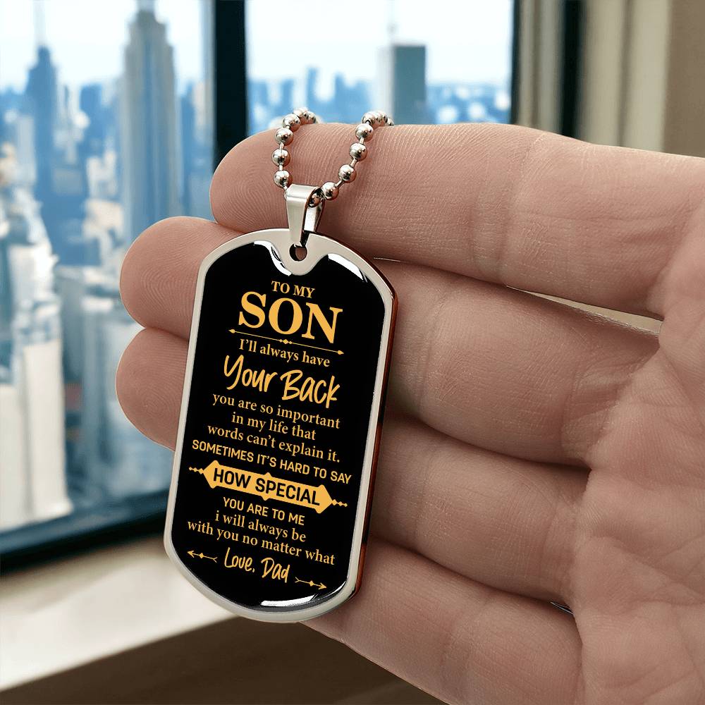 I'll Always Have Your Back, Black and Gold Dog Tag Necklace