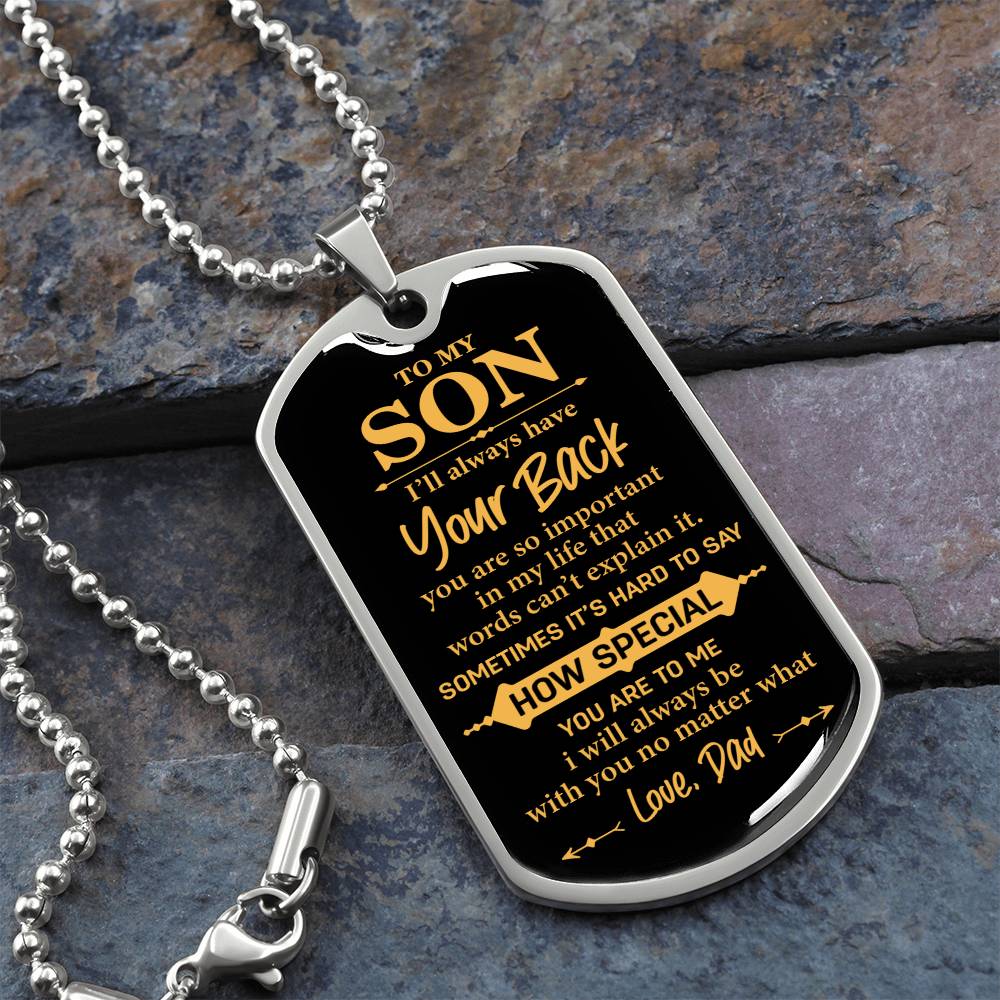 I'll Always Have Your Back, Black and Gold Dog Tag Necklace