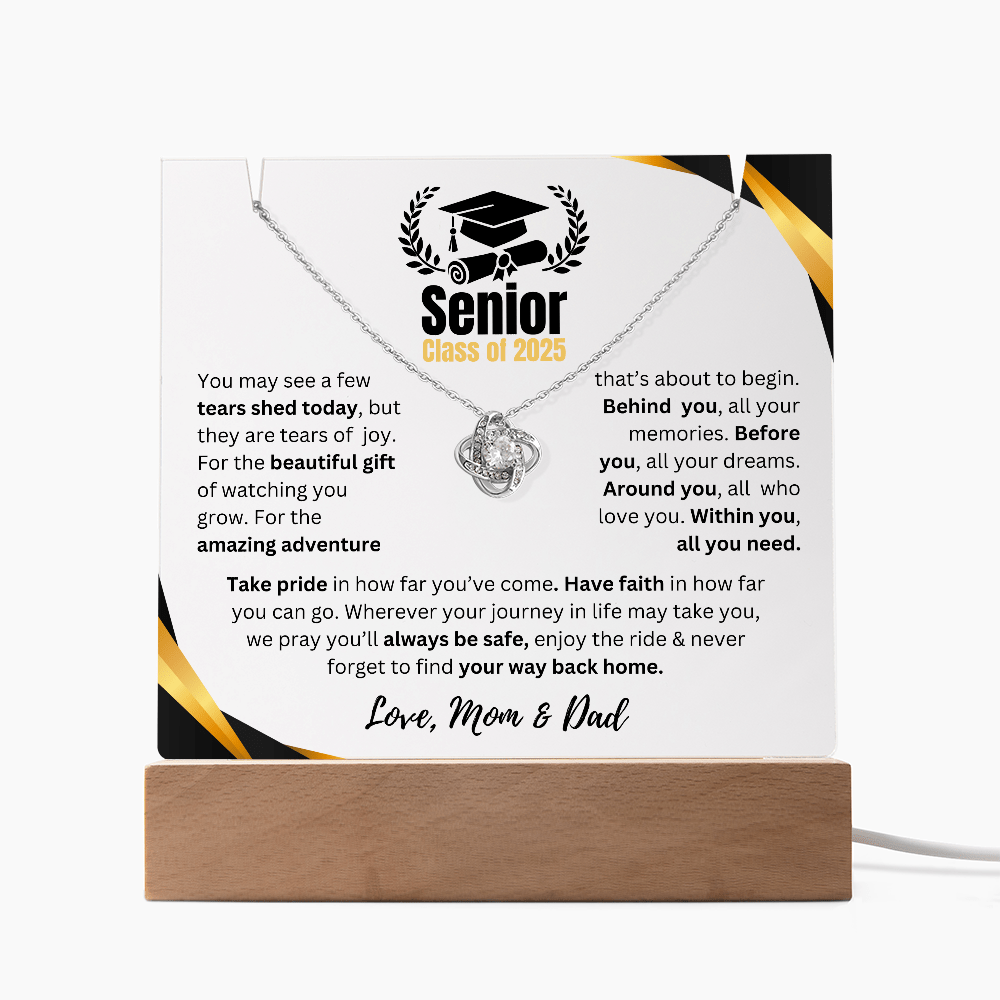 Graduation Gift | Acrylc Plaque LED | Wooden Base | Love Knot Necklace