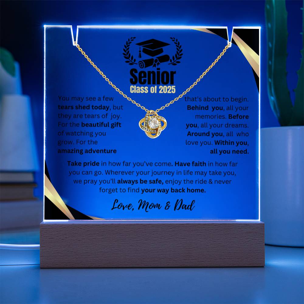 Graduation Gift | Acrylc Plaque LED | Wooden Base | Love Knot Necklace
