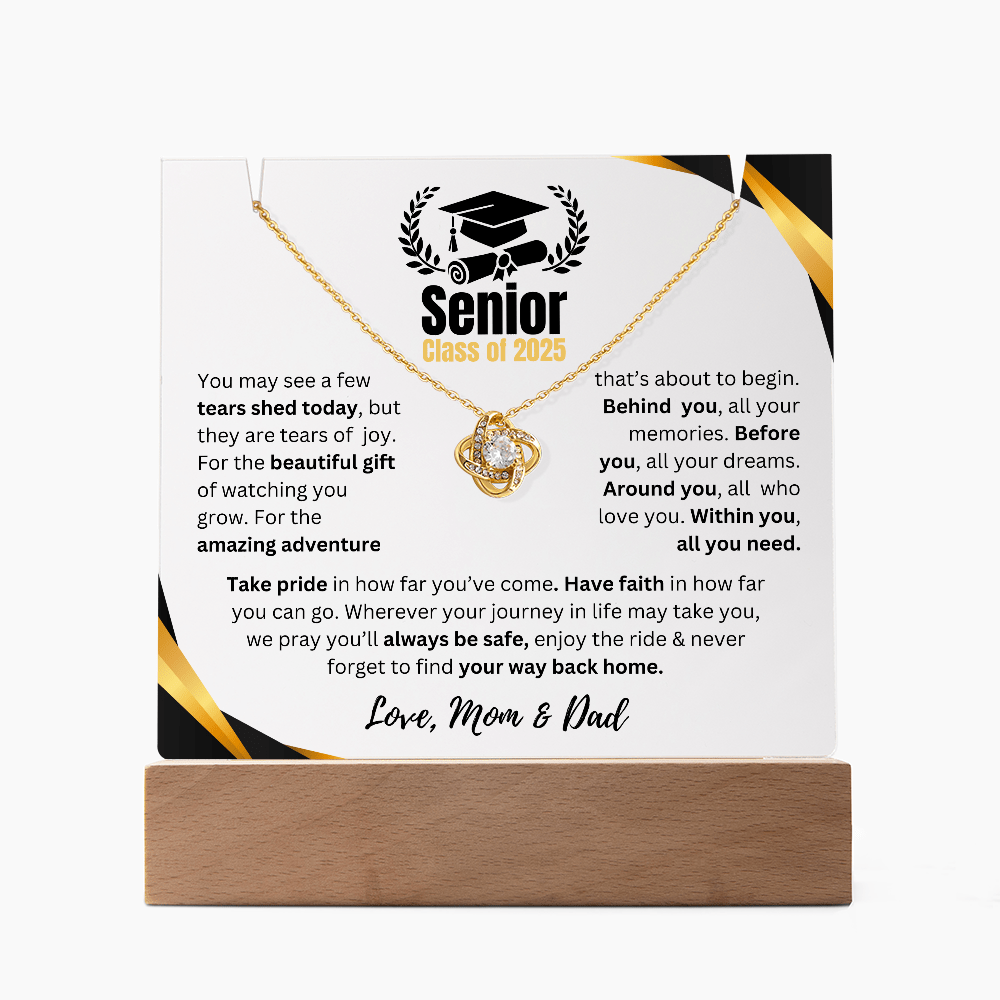 Graduation Gift | Acrylc Plaque LED | Wooden Base | Love Knot Necklace