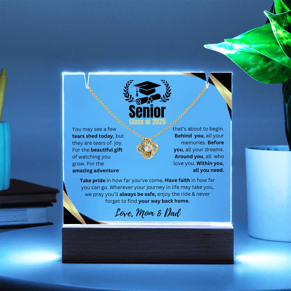Graduation Gift | Acrylc Plaque LED | Wooden Base | Love Knot Necklace