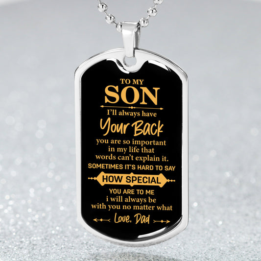 I'll Always Have Your Back, Black and Gold Dog Tag Necklace