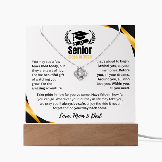 Graduation Gift | Acrylc Plaque LED | Wooden Base | Love Knot Necklace